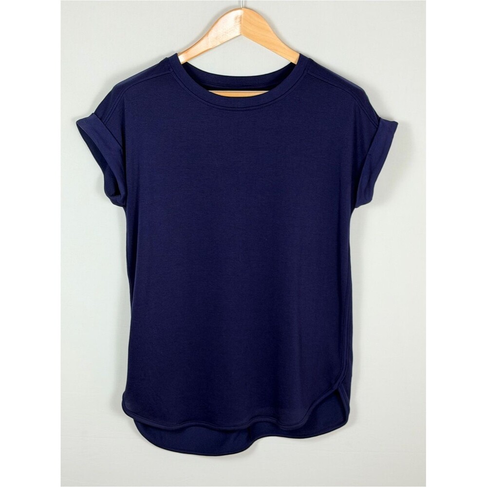 Navy Blue Short Sleeve Blouse Rolled Sleeve Rounded Hem Lightweight Top